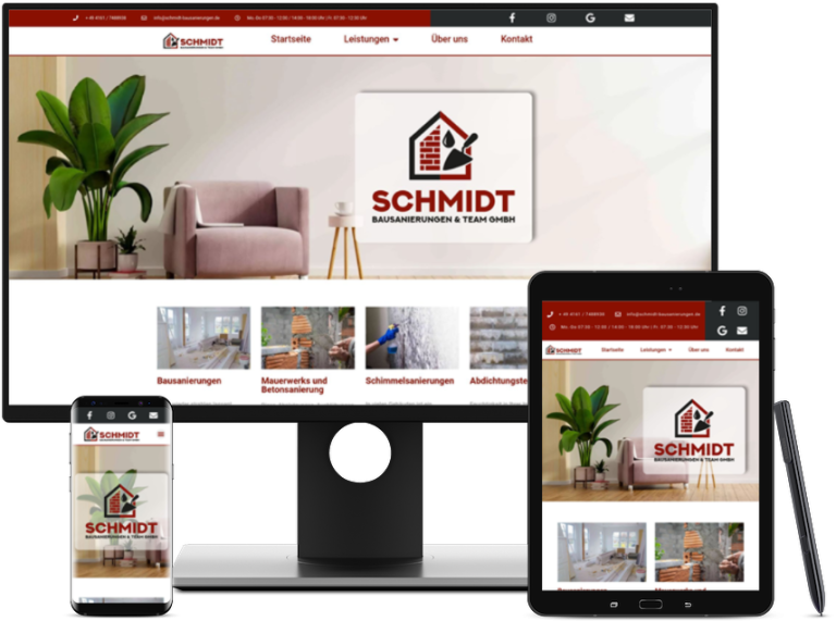 Mockup der Internetseite "Schmidt Bausanierungen" auf Bildschirm, Mobiltelefon und Tablet