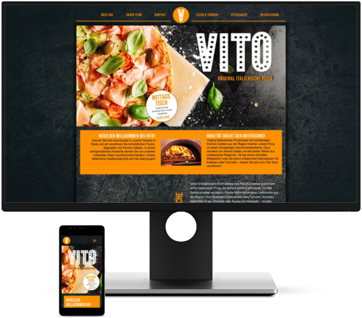 Mockup der Internetseite von "Vito" auf Bildschirm und Mobiltelefon